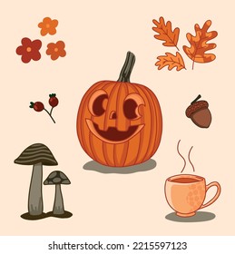 Fall icons collection: leaves, pumpkin, oak, acorn, mushroom, hot tea, small flowers. Ideal for greeting card, invitation card. Autumn vibes