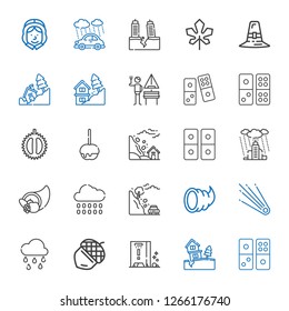 fall icons set. Collection of fall with domino, landslide, wet floor, acorn, raining, comet, cornucopia, rain, caramelized apple, chestnut, german. Editable and scalable fall icons.