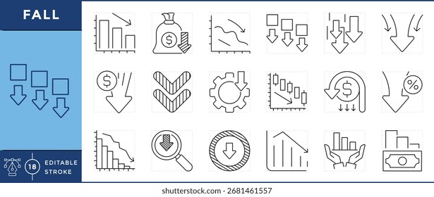 Ícones de outono definidos. Gráfico e seta que representam a diminuição do valor. Declínio, desastre, redução de velocidade e muito mais. Traçado editável de vetor.