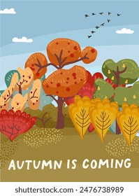 Ilustración de otoño. Bosque de otoño. Diseño de Vector para tarjeta, póster, volante. Vector dibujado a mano artes y texturas. Plantilla de diseño de Vector.