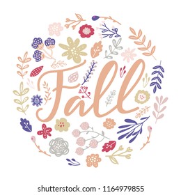 ПечатьWelcome Fall illustration with hand lettering and simple autumn flower wreath and bouquet