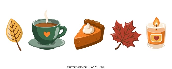 Fall illustration set with hot drink in cup, pumpkin pie, burning candle and autumn leaves. Cartoon vector illustration 