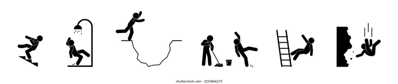 ilustración de caída, suelo húmedo, pozo, escaleras abajo, figura de palo caen icono, atención y precaución, signo de advertencia