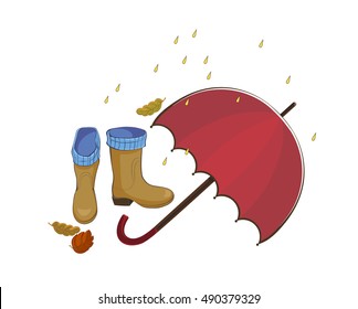 Fall illustration with umbrella,  and  rain, leaves, umbrella, pools, rubber boots. Vector on a white background style.