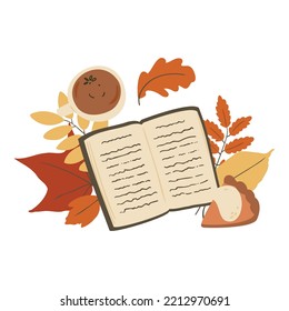 Ilustraciones de otoño con libro, suéter acogedor, hojas, tarta de calabaza y taza de té o café, clíparte vector de otoño de corte plano al estilo de dibujos animados planos.