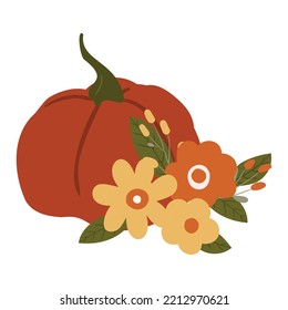 Fall illustrations with pumpkin and leaves, autumn pumpkin compositions png clipart, pumpkin with flowers vector illustration, floral compositions in flat style.