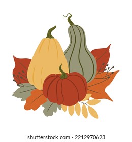 Fall illustrations with pumpkin and leaves, autumn pumpkin compositions png clipart, pumpkin with flowers vector illustration, floral compositions in flat style.