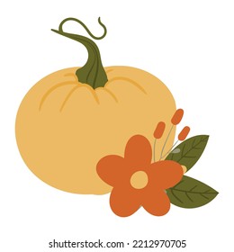 Fall illustrations with pumpkin and leaves, autumn pumpkin compositions png clipart, pumpkin with flowers vector illustration, floral compositions in flat style.