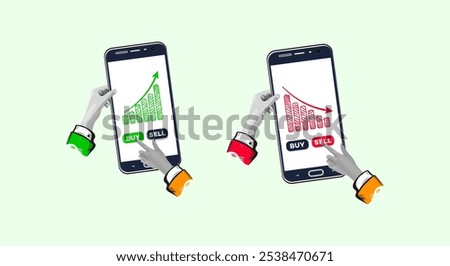 The fall and increase in the shares price graphs. The hands are holding a tablets with stock quote charts on the screens. sell, buy buttons.Creative trend Collage Art Vector illustration