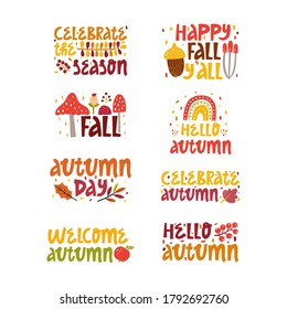Fall inscription collection isolated on white background. Autumn hand drawn lettering vector set. Vector cartoon illustration.