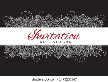 Fall Invitation Card Design with Leaves on black background. Vector Template  background  with many hand drawn maple leaves at retro style