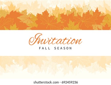 Fall Invitation Card Design with Leaves on wood background. Vector Template  background  with many red and yellow maple leaves at retro style