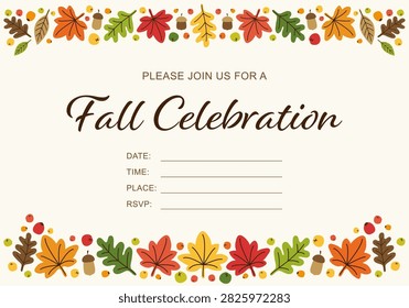 Fall Invitation Template with Autumn Leaves and Acorns, Thanksgiving Party, Harvest Celebration, Printable Event Invitation Design