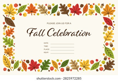 Fall Invitation Template with Autumn Leaves and Acorns, Thanksgiving Party, Harvest Celebration, Printable Event Invitation Design