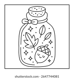 Queda em uma página de coloração de jarro - Aconchegante Bolota e ilustração de folha para o divertimento de coloração das crianças