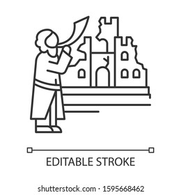 The fall of Jericho Bible story linear icon. Castle ruin in Jerusalem city. Biblical narrative. Thin line illustration. Contour symbol. Vector isolated outline drawing. Editable stroke