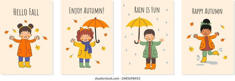 Fall kids poster set. Happy autumn concept. Children’s autumn activities illustration. Children playing with leaves, and holding umbrellas in the rain. Vector flat illustration.