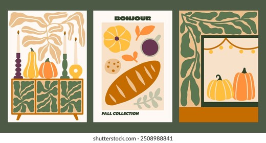 Plantillas de póster de cocina de otoño. Impresiones de Vector interior acogedor. Decoración casera del otoño. Ilustración de escena de otoño