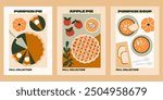 Fall kitchen vector poster set. Autumn dishes prints. Pumpkin pie, apple pie, pumpkin soup