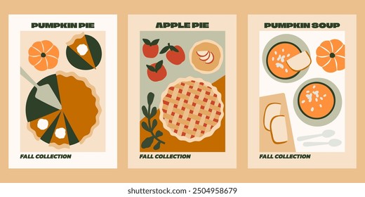 Fall kitchen vector poster set. Autumn dishes prints. Pumpkin pie, apple pie, pumpkin soup