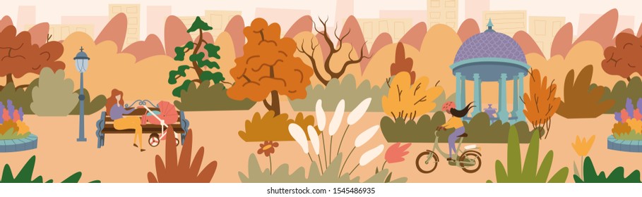 Fall landscape of a beautiful park with a gazebo. A young mother sitting on the bench with a baby carriage and a girl riding a bicycle. Seamless panorama landscape. Vector illustration in flat style. 