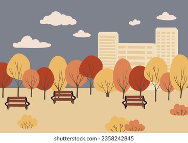 fall landscape clipart, autumn park vector illustration, city scenery wall art print, nature background, tree printable poster, cityscape digital download card, flat style images.