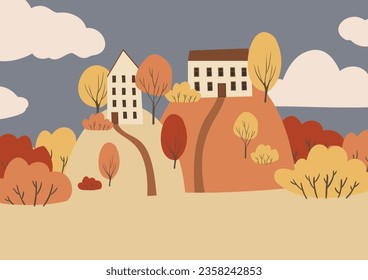 fall landscape clipart, autumn park vector illustration, city scenery wall art print, nature background, tree printable poster, cityscape digital download card, flat style images.