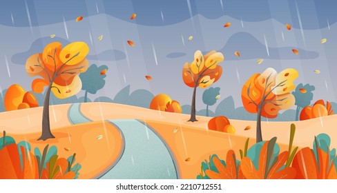 Fall landscape at rainy and windy weather cartoon vector illustration. Rain at city part with flying leaves from trees in the wind colorful concept.