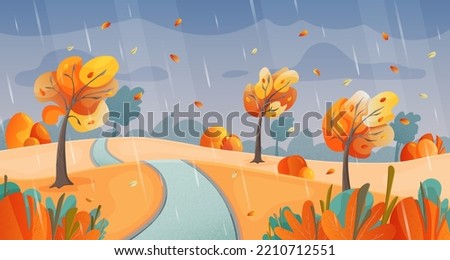Fall landscape at rainy and windy weather cartoon vector illustration. Rain at city part with flying leaves from trees in the wind colorful concept.