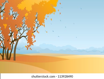 Fall landscape. Vector  of  trees with orange and yellow leaves at autumn landscape.