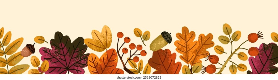 Fall leaf banner, autumnal foliage pattern. Autumn background with decorative seasonal woodland border, tree leaves, berries, forest natural botanical design. Panoramic flat vector illustration