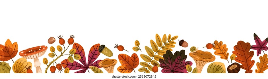 Fall leaf border. Autumn leaves, mushrooms, natural botanical elements. Forest decorative pattern, horizontal banner, foliage decoration. Flat vector illustration isolated on white background