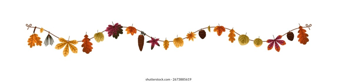 Terra de folhas de outono. Corda de outono com folhas penduradas, cones. Decoração natural sazonal festiva, decoração de bordo, carvalho, vidoeiro, folhagem de castanheiro. Ilustração de vetor plano isolada no plano de fundo branco