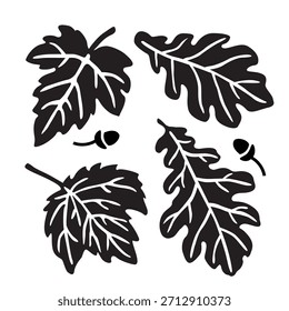 Herbstblatt-Symbolsatz. Natürliche Herbstelemente. Schwarzweiß. Handgezeichnete Vektorgrafik. Entwurfsvorlage für Grußkarten. Dekorationskonzept