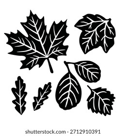 Conjunto de ícones de folha de outono. Elementos naturais de outono. Preto e branco. Ilustração de vetor desenhada à mão. Modelo de design de cartão de mensagem. Conceito de decoração