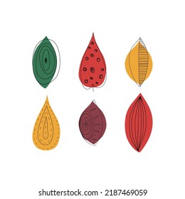 Fall Leaf Icon Vector Illustration Set. Hand Drawn 3 Colorful Design. Isolated Graphic Symbols. Autumn Sign. Boho Scandi Colors. Nature Abstract Concept. Line Art. Grey Background. Red, Yellow