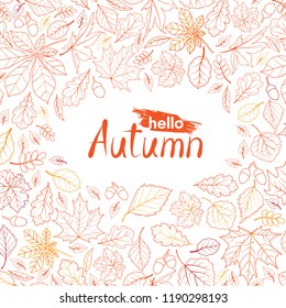 Fall leaf nature pattern with lettering hello Autumn. Autumn leaves background. Season floral icon wallpaper
