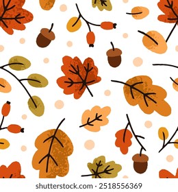 Fall leaf, seamless pattern. Autumn foliage, acorns, endless forest background, texture design. Repeating nature print, falling leaves. Flat vector illustration for fabric, textile and wrapping