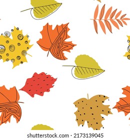 Fall leaf vector illustration. Seamless pattern. Hand drawn colorful design. Isolated graphic symbols. Autumn art sign. Nature abstract concept. Organic line elements