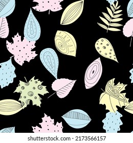 Fall leaf vector illustration. Seamless pattern. Hand drawn colorful design. Isolated graphic symbols. Autumn art sign. Nature abstract concept. Organic line elements