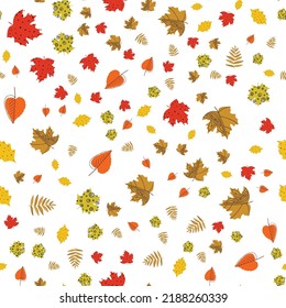 Fall leaf vector illustration. Seamless pattern. Hand drawn colorful design. Isolated graphic symbols. Autumn art sign. Nature abstract concept. Organic line elements