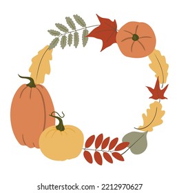 fall leaf wreath vector clipart, autumn pumpkin wreath illustration png, frame pumpkins and leaves in flat style