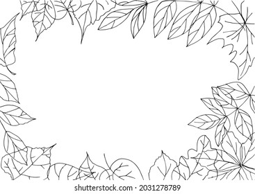 Fall leafs black and white line art frame decorative element design