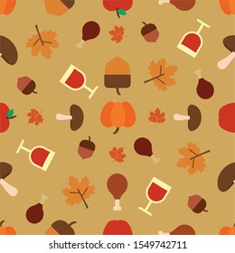 Fall leaves and acorns seamless pattern in flat autumn color palette. Perfect for fabric, packaging, scrapbook paper, background. thanksgiving themed vector, seamless pattern, vector fall wallpaper 
