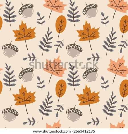 Fall leaves and acorns seamless pattern in flat autumn color palette. Perfect for fabric, packaging, scrapbook paper, backgrounds and wrapping