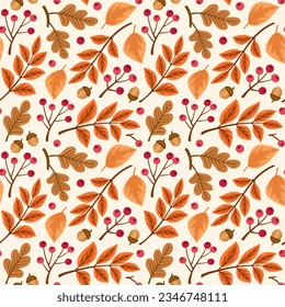  Hojas de otoño, bayas de ceniza y bellotas de roble, patrón vectorial sin costura de follaje de otoño, papel tapiz decorativo, huella textil, fondo floral.