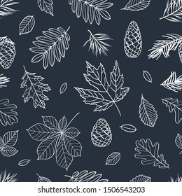 Fall of the leaves. Autumn leaves, cones and pine spruce are drawn with chalk on the black chalkboard. Seamless pattern for textile, wallpapers, gift wrap and scrapbook. Vector illustration.