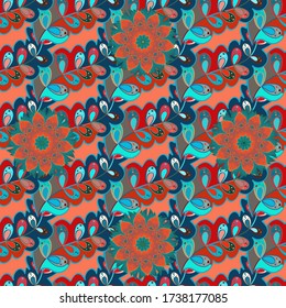 Fall of the leaves. Autumn leaves are drawn with chalk on the blue, orange and red chalkboard. Seamless pattern for textile, wallpapers, gift wrap and scrapbook. Vector illustration.  