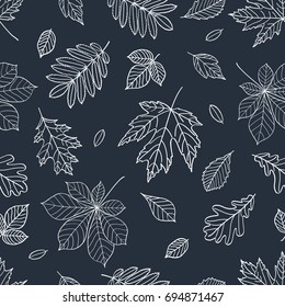 Fall of the leaves. Autumn leaves are drawn with chalk on the black chalkboard. Seamless pattern for textile, wallpapers, gift wrap and scrapbook. Vector illustration.
