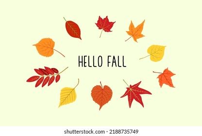 Fall Leaves Autumn Minimal Design. Hello Fall Text. Autumn Leaves Frame Vectror Illustration. Maple, Rowan, Birch Leaf. Fall Season Greeting With Copy Space.